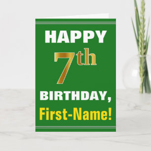 Bold, Green, Faux Gold 7th Birthday w/ Name Card