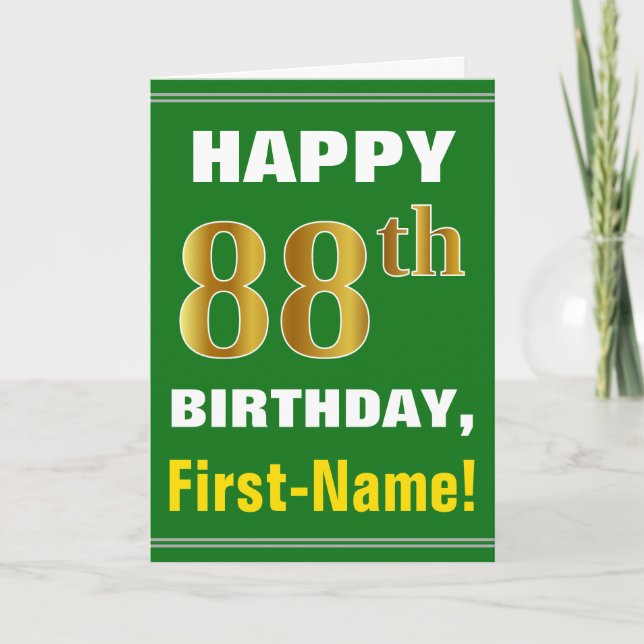 Bold, Green, Faux Gold 88th Birthday w/ Name Card (Front)