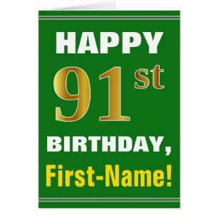 Bold, Green, Faux Gold 91st Birthday w/ Name Card
