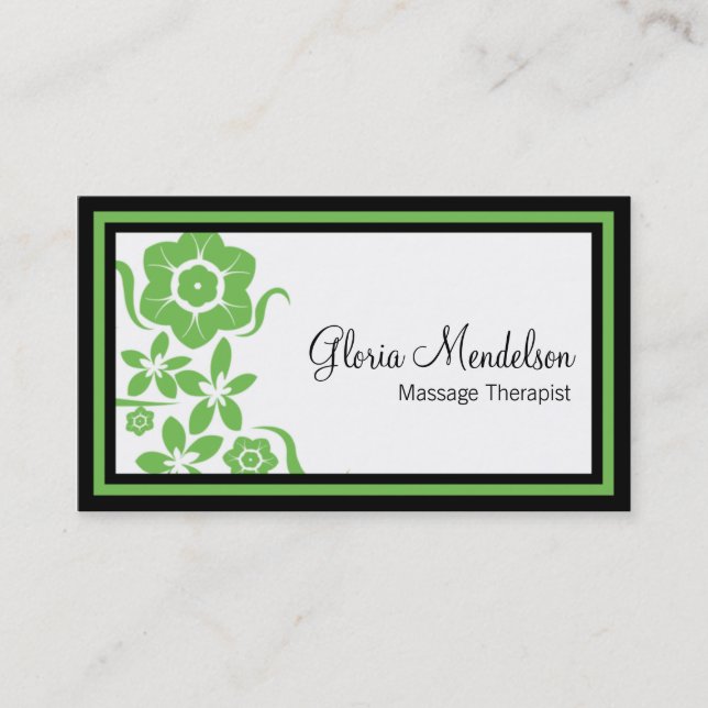 Bold Green Floral Massage Therapy Business Card (Front)