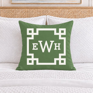 Bold Green Greek Key Monogram Initial Throw Pillow
