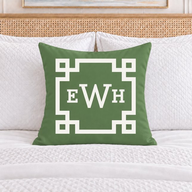 Bold Green Greek Key Monogram Initial Throw Pillow (Creator Uploaded)