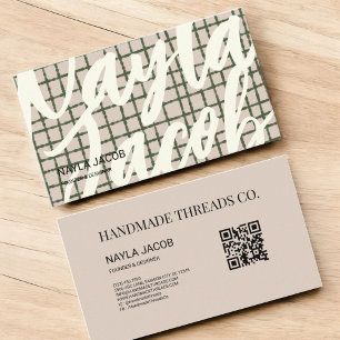 Bold Green Grey Check Pattern QR Code for Handmade Business Card