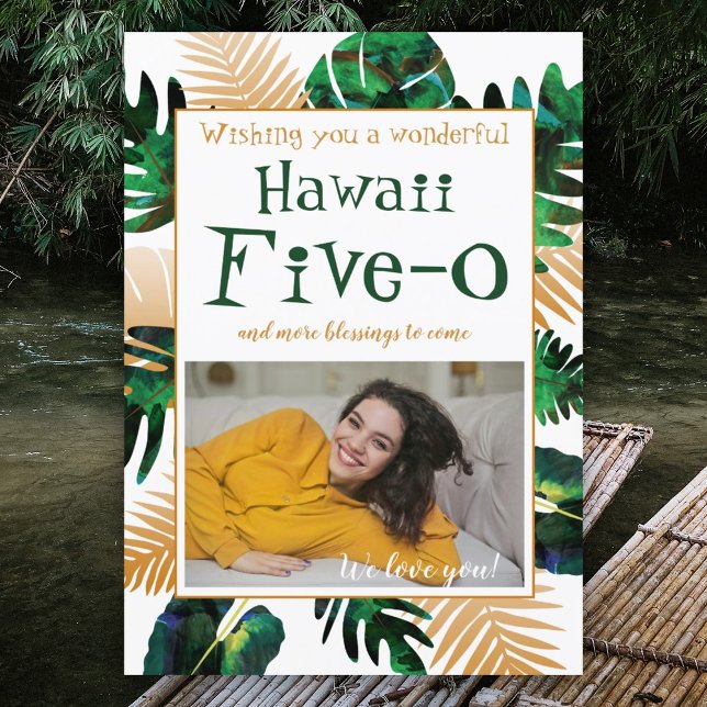 Bold Green Leaves Gold Hawaii Five-0 50th Birthday Invitation (woman's tropical hawaii 5-0 50th birthday greeting card, green gold hawaiian leaves)