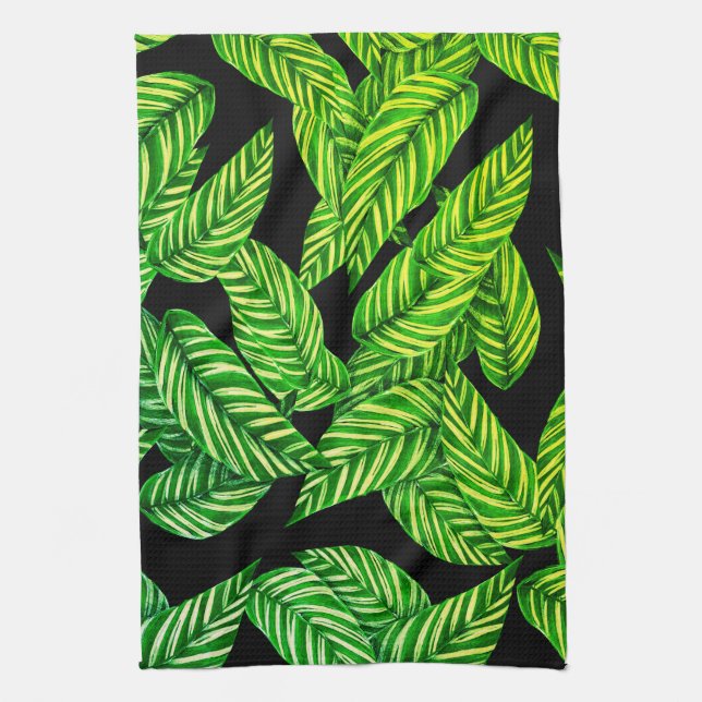 bold green leaves on black  kitchen towel (Vertical)