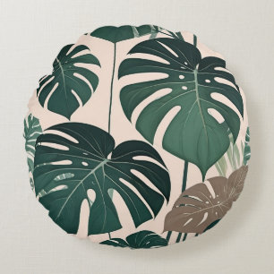 Bold Green Monstera Leaves Tropical Jungle  Round Pillow