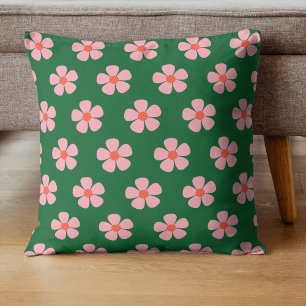 Bold Green & Pink Flower Tropical Whimsical Spring Throw Pillow