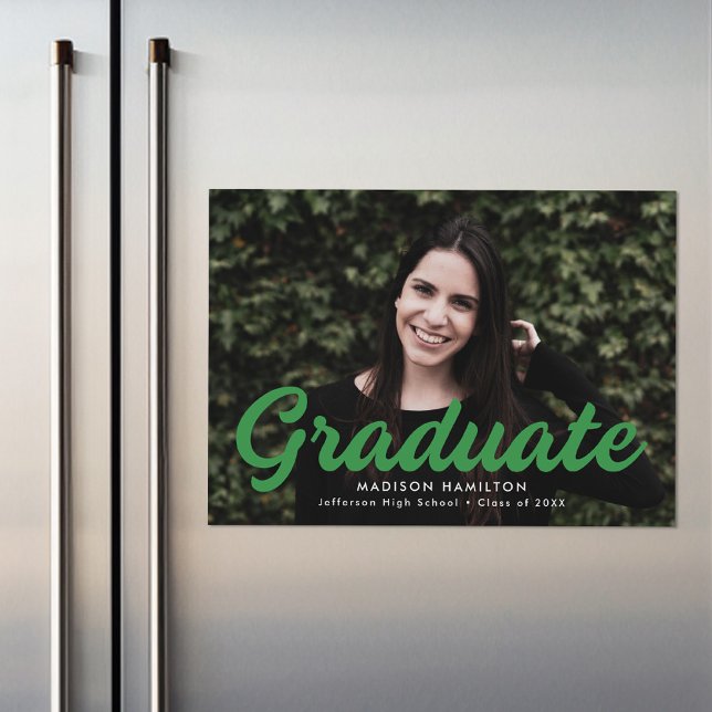 Bold Green Script Photo Graduation Announcement (Creator Uploaded)