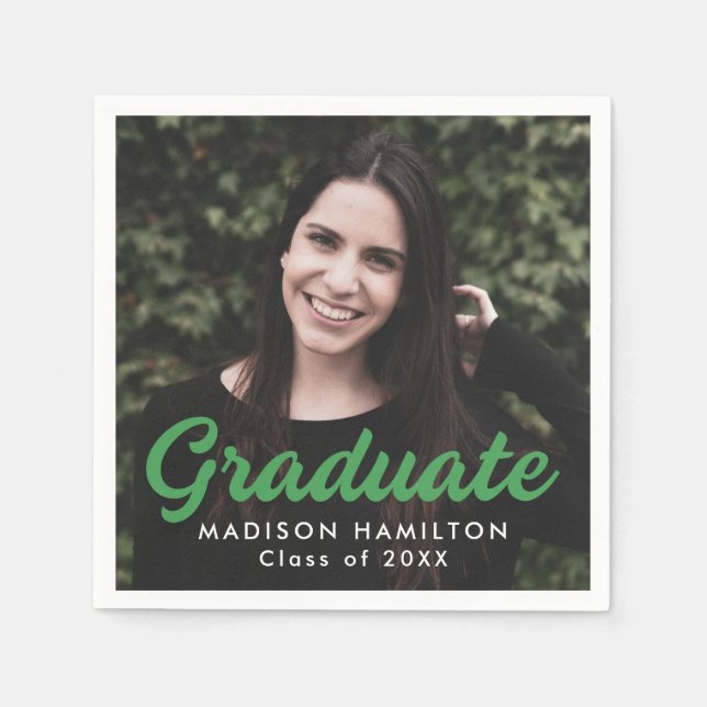 Bold Green Script Photo Graduation Napkin (Front)