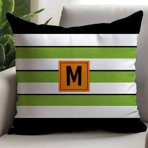 Bold Green Stripes Monogram Throw Pillow