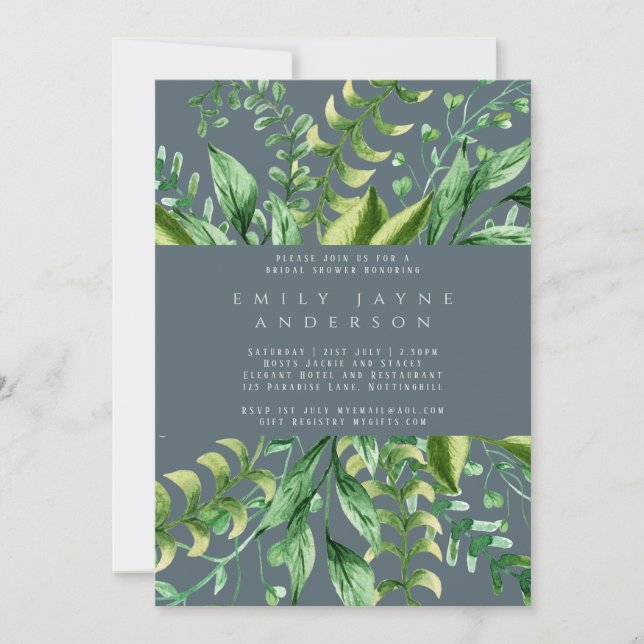 Bold Greenery Steel Blue Bridal Shower Modern Invitation (Front)