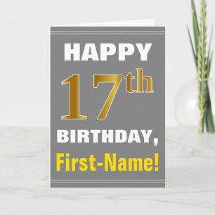 Bold, Grey, Faux Gold 17th Birthday w/ Name Card
