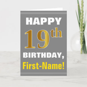 Bold, Grey, Faux Gold 19th Birthday w/ Name Card