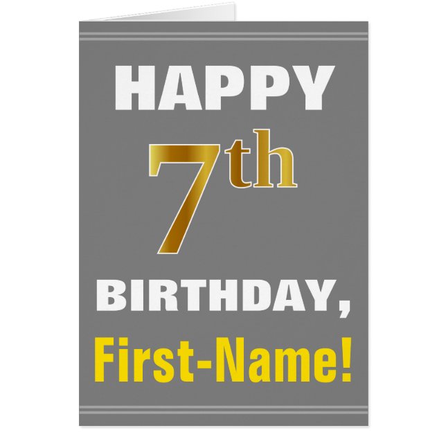 Bold, Grey, Faux Gold 7th Birthday w/ Name Card (Front)
