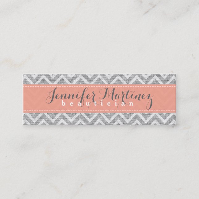 Bold Grey & Orange Chevron Pattern Linen Look Mini Business Card (Front)