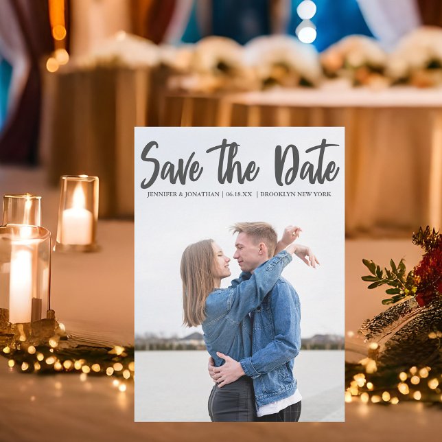 Bold Grey Script Overlay Modern Engagement Photo Save The Date (Creator Uploaded)