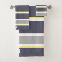 Bold Grey Yellow Stripe Monogram Bath Towel Set