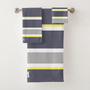 Bold Grey Yellow Stripe Monogram Bath Towel Set