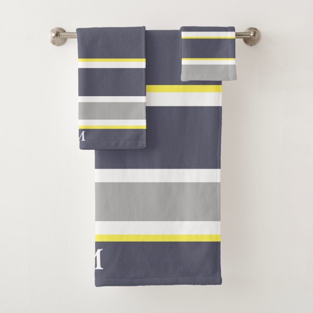 Bold Grey Yellow Stripe Monogram Bath Towel Set (Insitu)