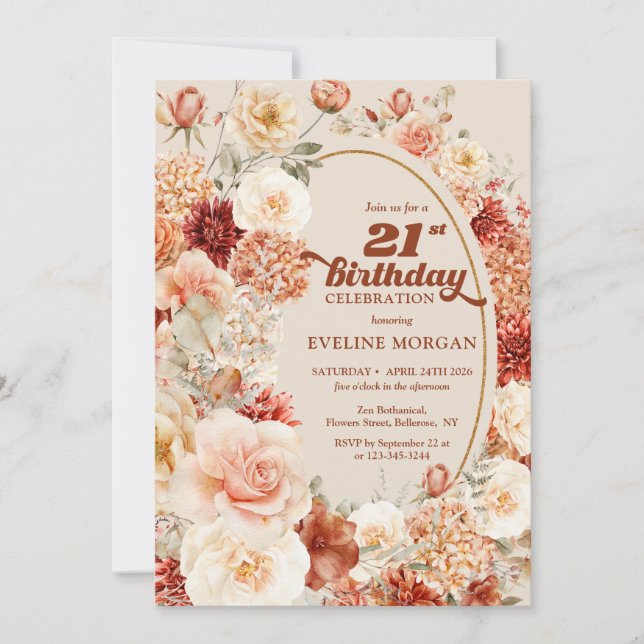 Bold groovy terracotta blush floral 21st birthday invitation (Front)