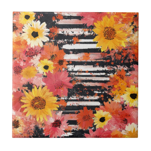 Bold Grunge Floral Black Orange Pink Pattern Tile (Front)