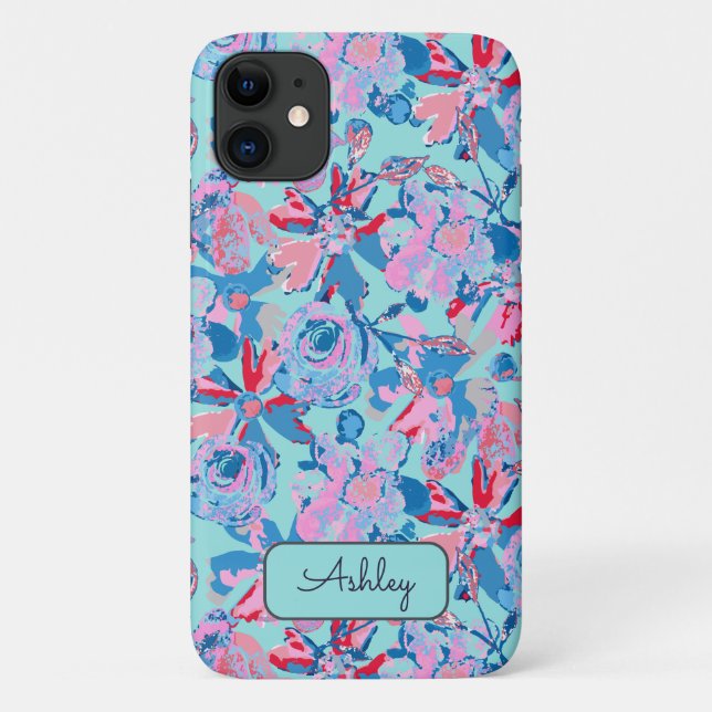 Bold Hand Painted Floral Red Blue Pink Monogram Case-Mate iPhone Case (Back)