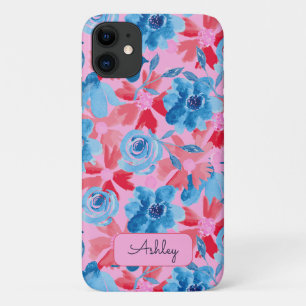 Bold Hand Painted Floral Red Blue Pink Monogram iPhone 11 Case