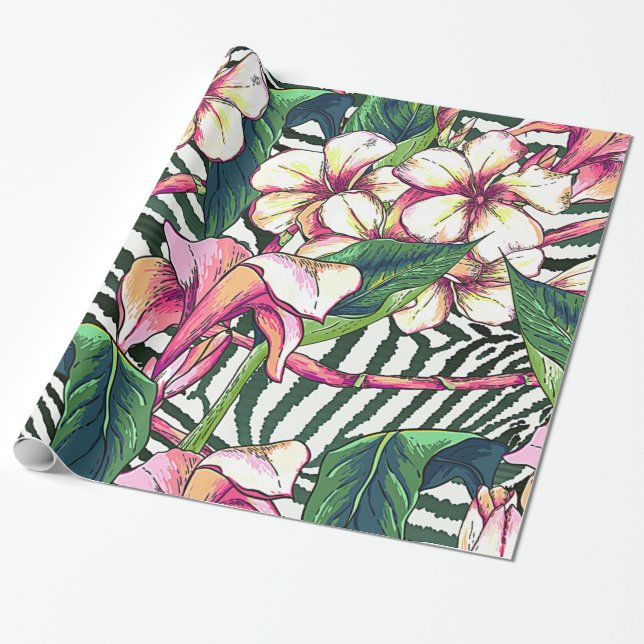 Bold HAWAIIAN Floral Monstera Leaves & Plumeria Wrapping Paper (Unrolled)