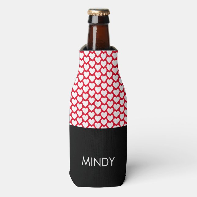 Bold Hearts  White Red Black Pattern  Bottle Cooler (Bottle Front)