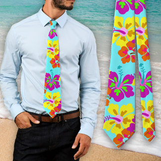 Bold Hibiscus Floral Pattern Aqua Wedding Tie