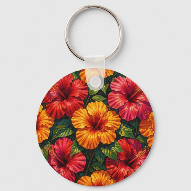 Bold Hibiscus Flowers Tropical Sunset Pattern Keychain (Front)