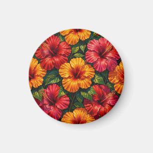 Bold Hibiscus Flowers Tropical Sunset Pattern Magnet