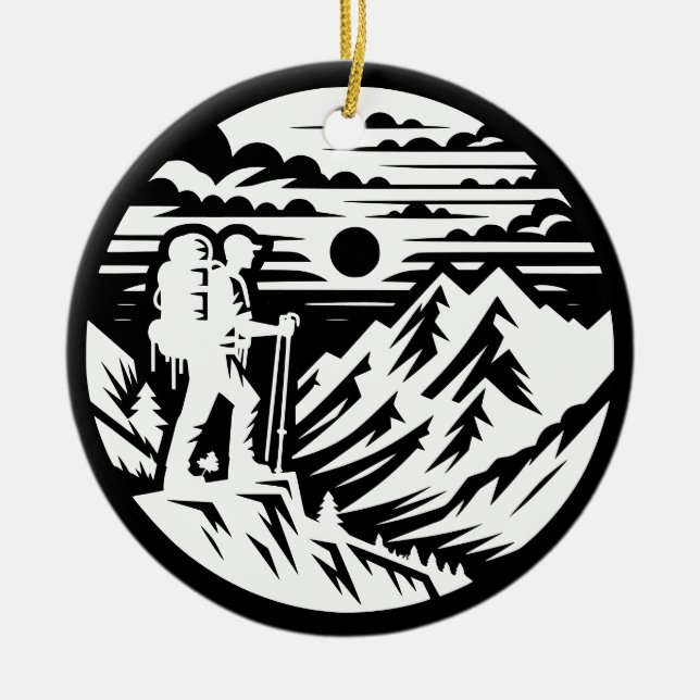Bold Hiker Silhouette - Mountain Landscape Ceramic Ornament (Front)