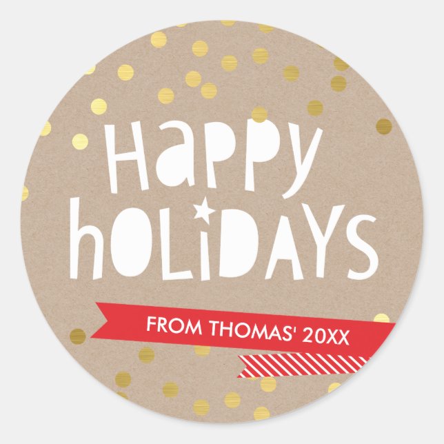 BOLD HOLIDAY TYPOGRAPHY trendy gold confetti kraft Classic Round Sticker (Front)