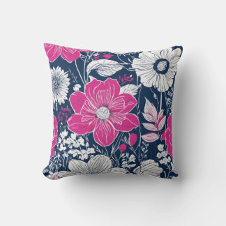Bold Hot Pink and White Floral Design Throw Pillow