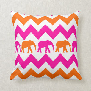 Bold Hot Pink Orange Elephants Chevron Stripes Throw Pillow