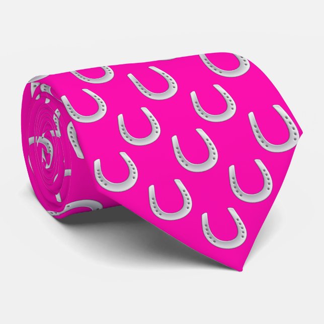 Bold Hot Pink & Silver Horseshoe Derby Tie (Rolled)