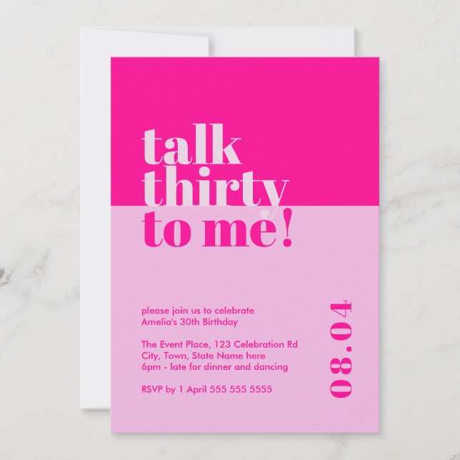 Bold Hot Pink 'Talk Thirty to Me' 30th Birthday Invitation (Front)