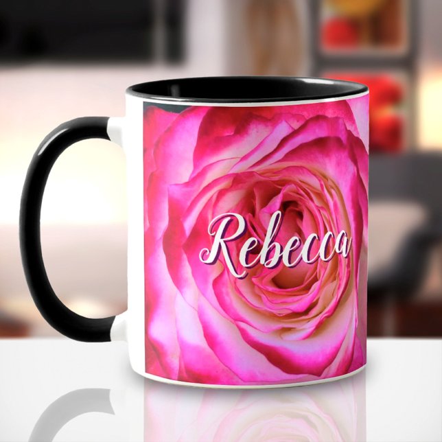 Bold hot pink white rose photo custom name script mug (Creator Uploaded)