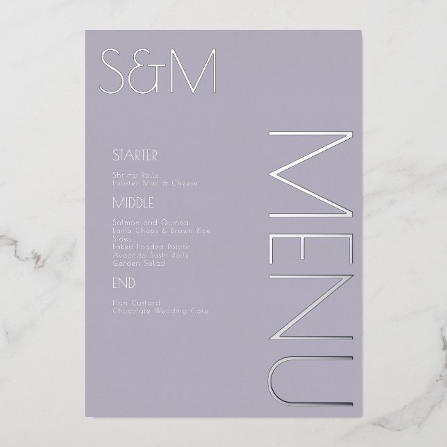 Bold Initial Wedding Pressed Silver Menu Cards (Front)