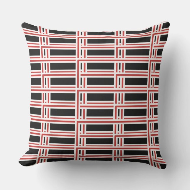 Bold Interlocking Red and White Rectangle Pattern Outdoor Pillow (Front)