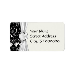 bold intricate black damask on white label