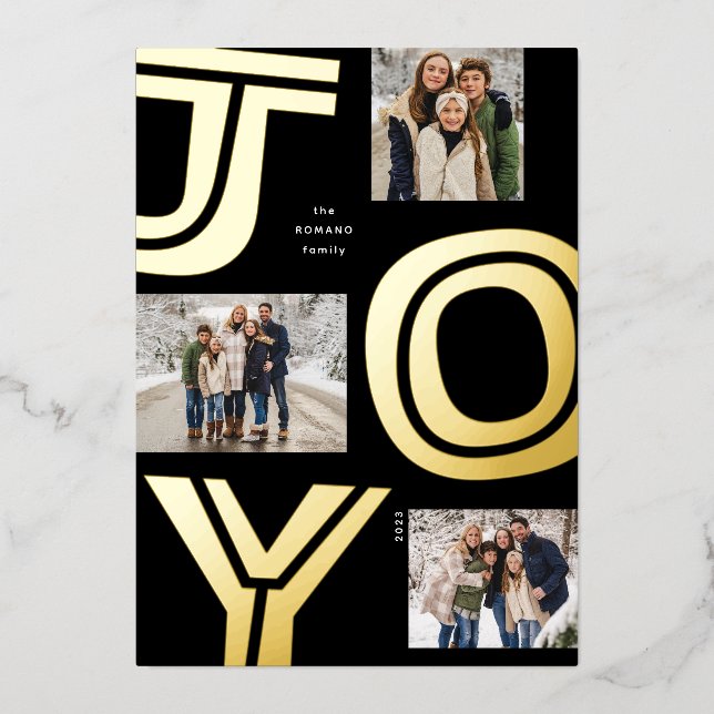 Bold joy modern unique three photo gold Christmas Foil Holiday Card (Front)