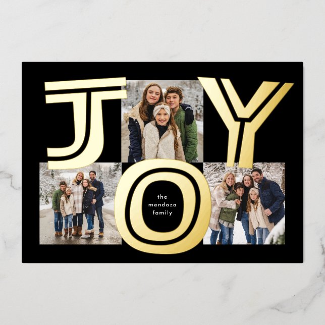 Bold joy three photo modern black Christmas Foil Holiday Card (Front)