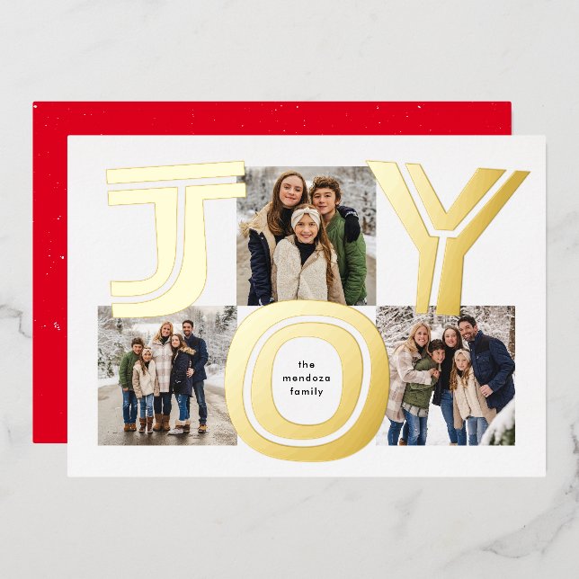 Bold joy three photo modern red Christmas Foil Holiday Card (Front/Back)
