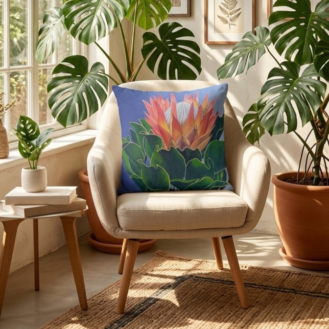 Bold King Protea | Hand-Painted Floral Art Throw Pillow (On Chair)