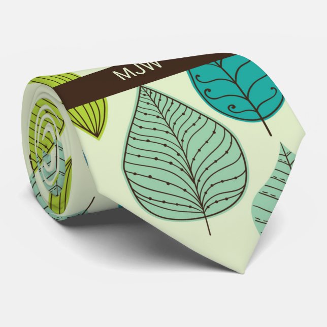 Bold Leaves in Green and Blue with Initials Tie (Rolled)