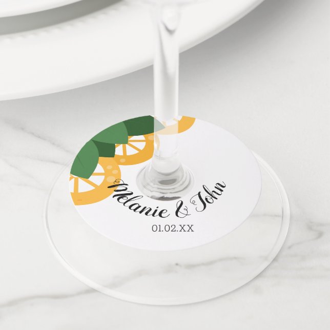 Bold Lemon Slices- Couple Name Wine Glass Tag (Close Up)