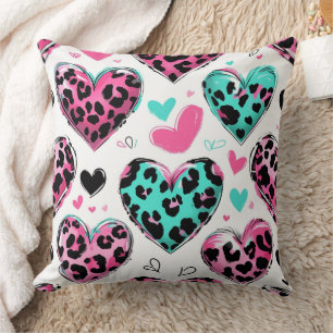 Bold Leopard Heart Love – Pink, Black & Teal (5) Throw Pillow