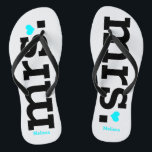 Bold Lettering (blue) Bride Flip Flops<br><div class="desc">Fun,  custom white and bold blue bridal wedding flip flops.</div>